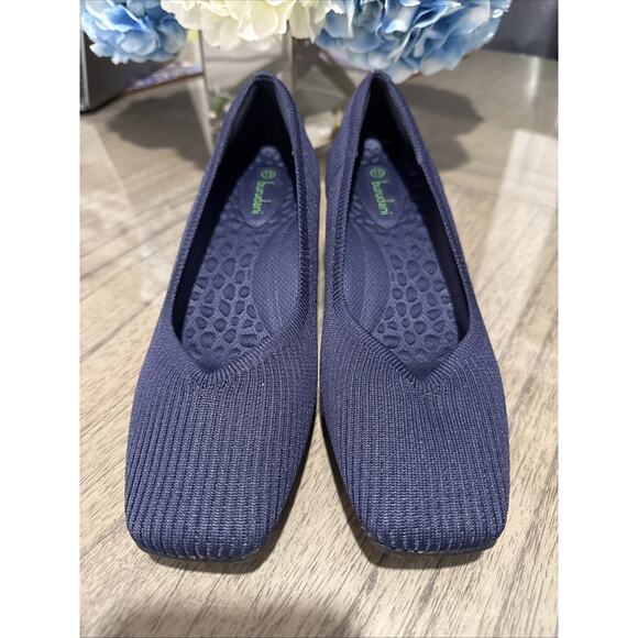 BURUDANI Women Navy Low Chunky Block Heel Square Toe Kniited Heels Size 7.5 - Picture 1 of 6